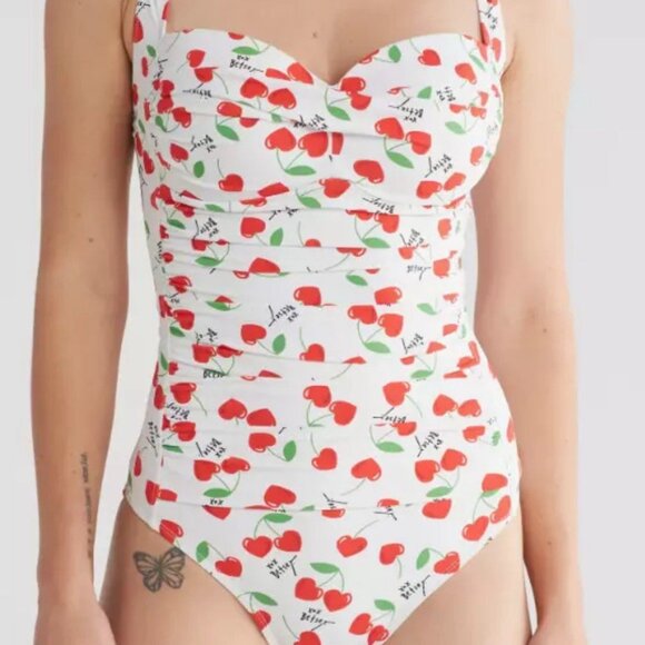 BETSEY JOHNSON One-Piece Swimsuit Women's Size LG White Cherry Bomb Bandeau NWT